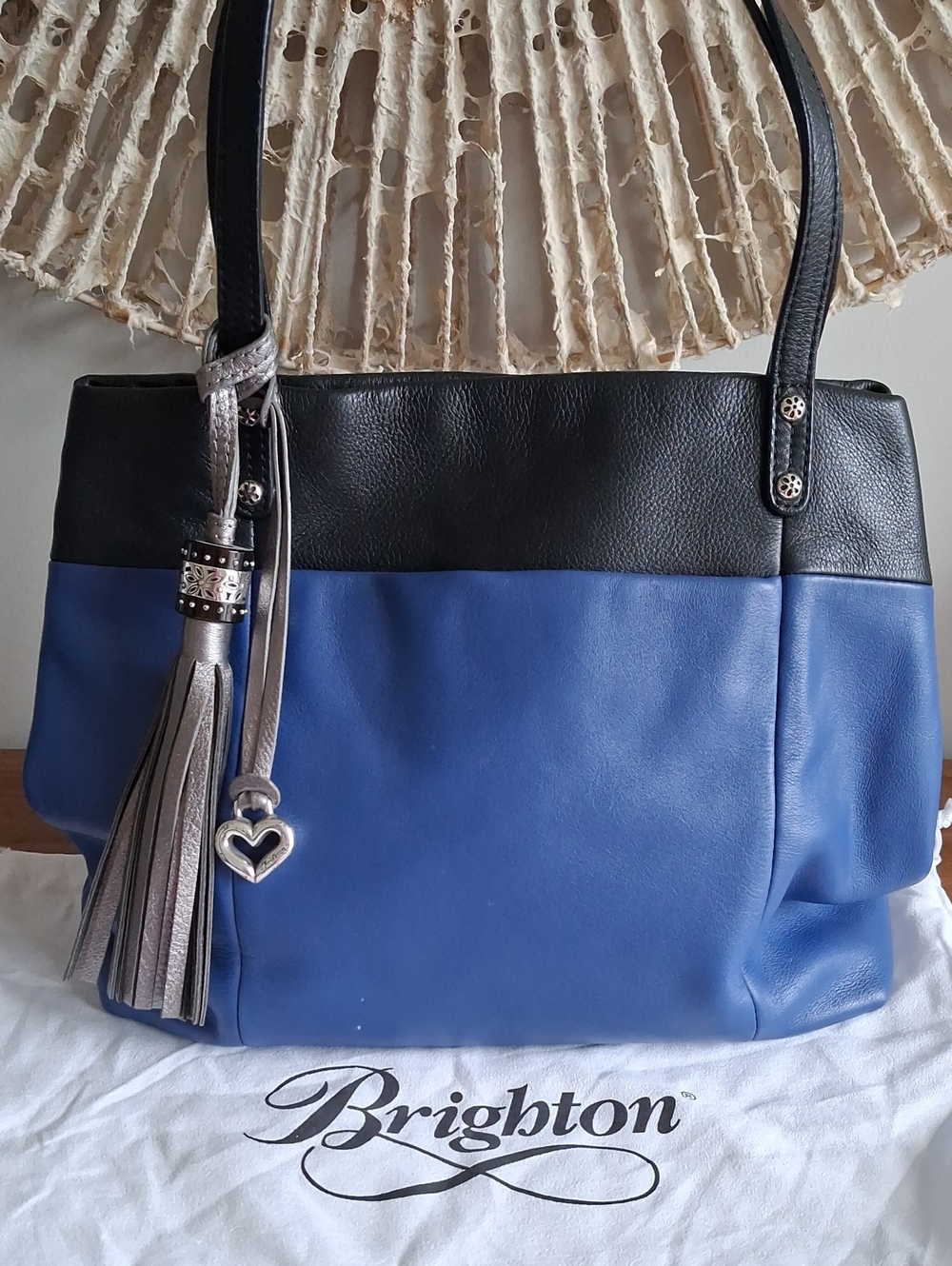 Brighton Klee Blue & Black Pebbled Leather Shoulder Tote w/Dust Bag